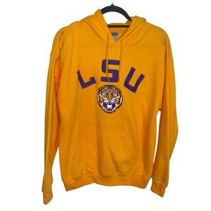 LSU Logo Men's Gold Gildan Heavy Blend Hoodie Fleece Sweatshirt Size M